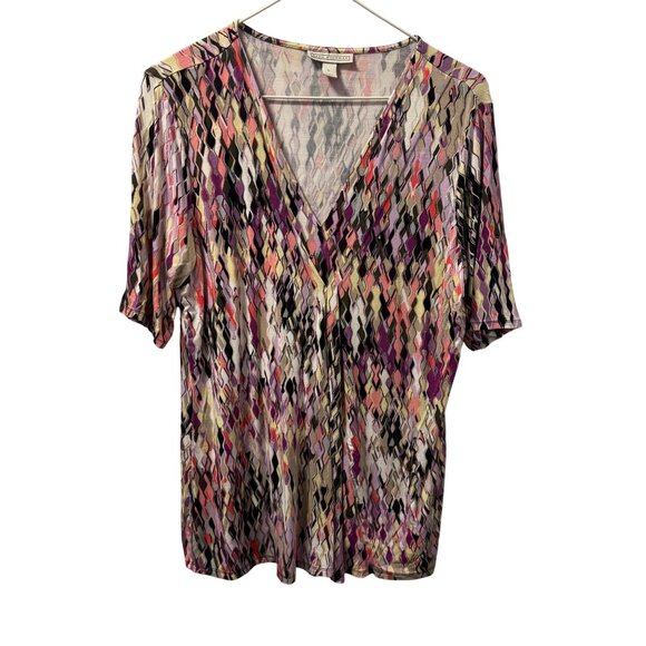 Dana Buchman Womens V-Neck Abstract Pattern Top Size L Multicolor Blouse - Picture 1 of 12
